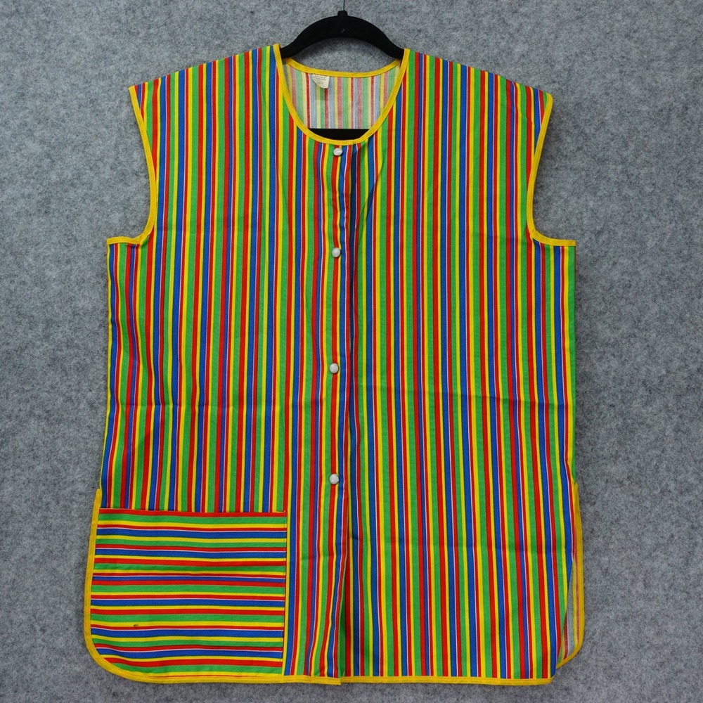70s Vintage Striped Smock Apron Vest Womens L Rainbow Pearl Snap Patch Pocket
